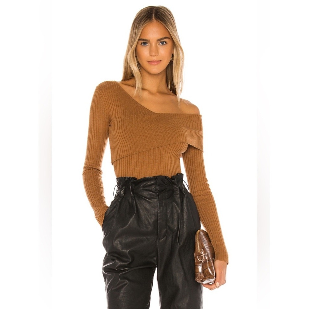 Lovers and Friends Top Women Extra Small Brown Ribbed Off Shoulder Knit Booker